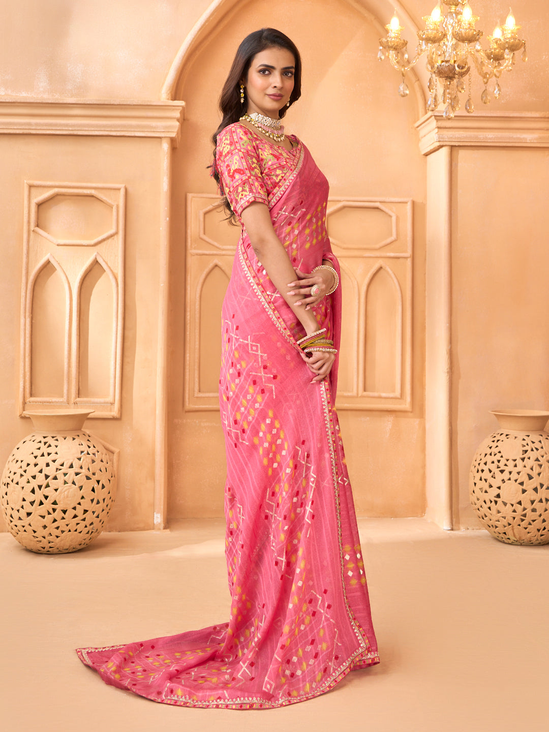 Laxmipati Tohfa Abstract Printed Chiffon Saree in Pink Color