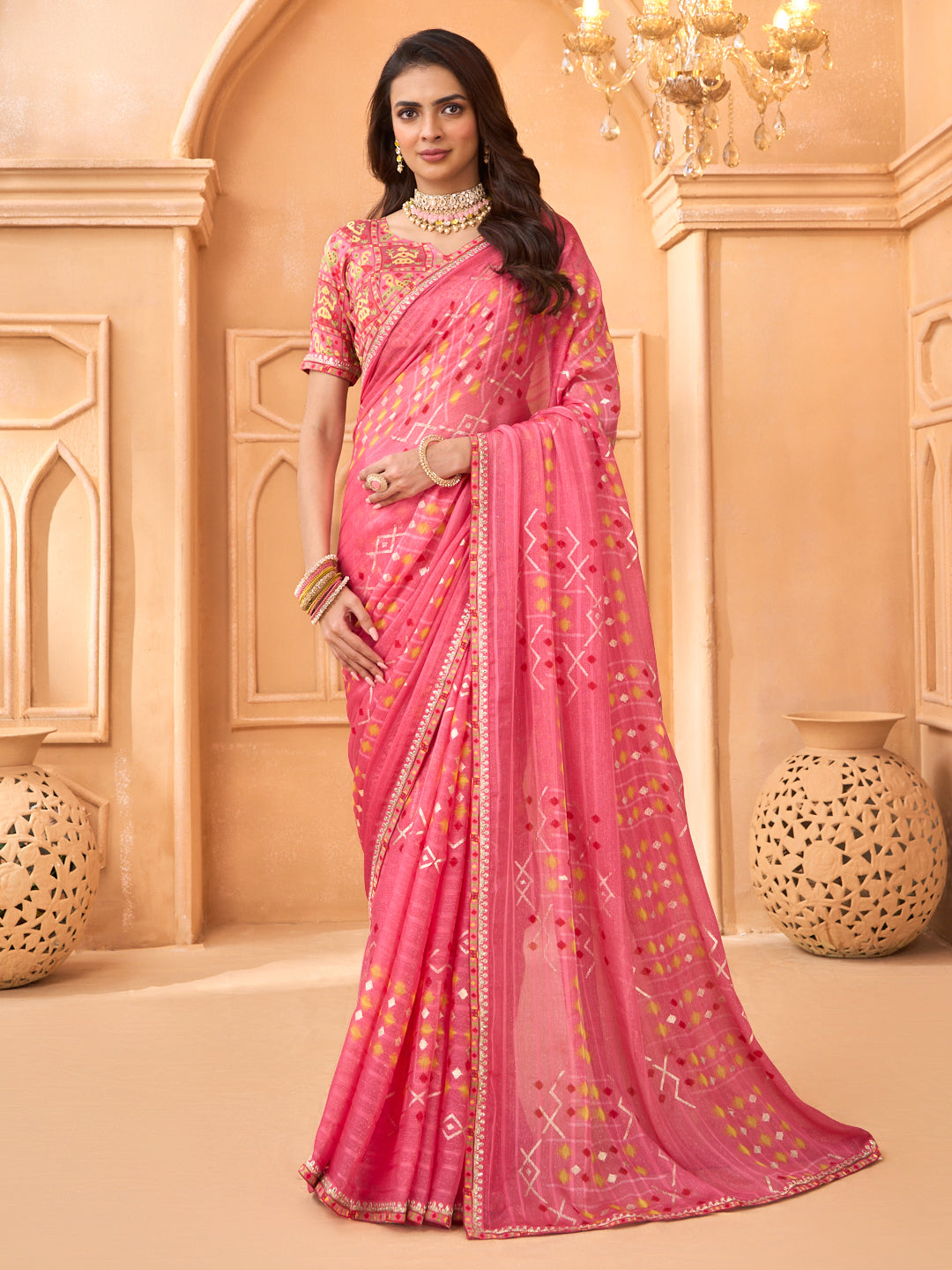 Laxmipati Tohfa Abstract Printed Chiffon Saree in Pink Color
