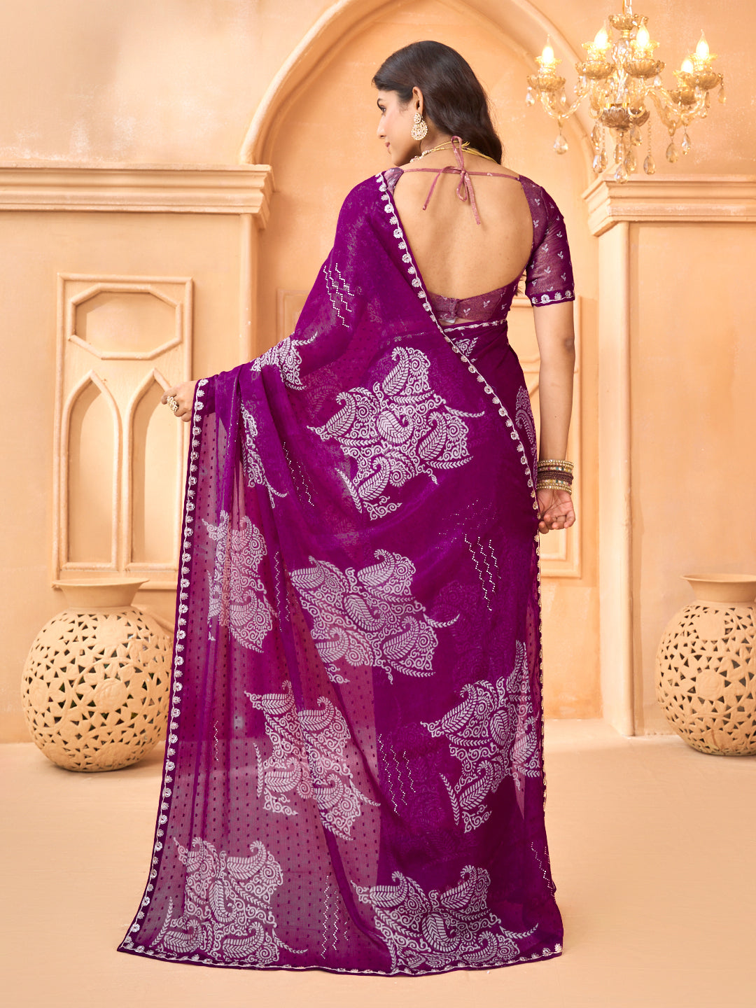 Laxmipati Tohfa Floral Printed Chiffon Saree in Purple Color
