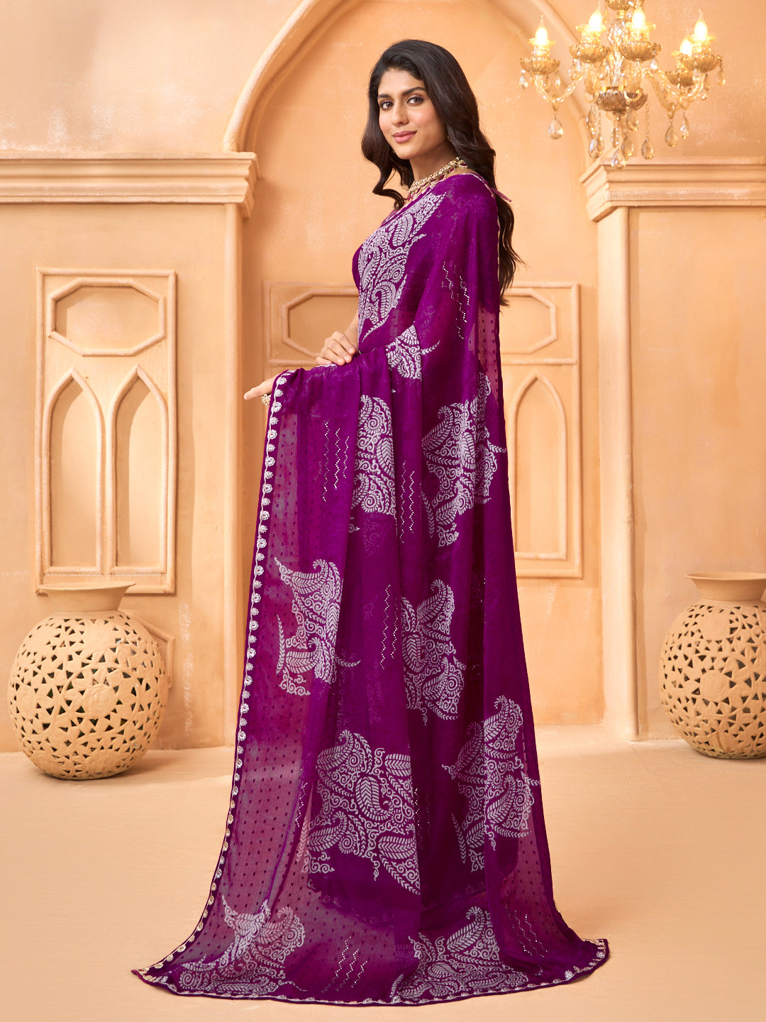 Laxmipati Tohfa Floral Printed Chiffon Saree in Purple Color