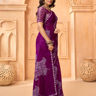 Laxmipati Tohfa Floral Printed Chiffon Saree in Purple Color