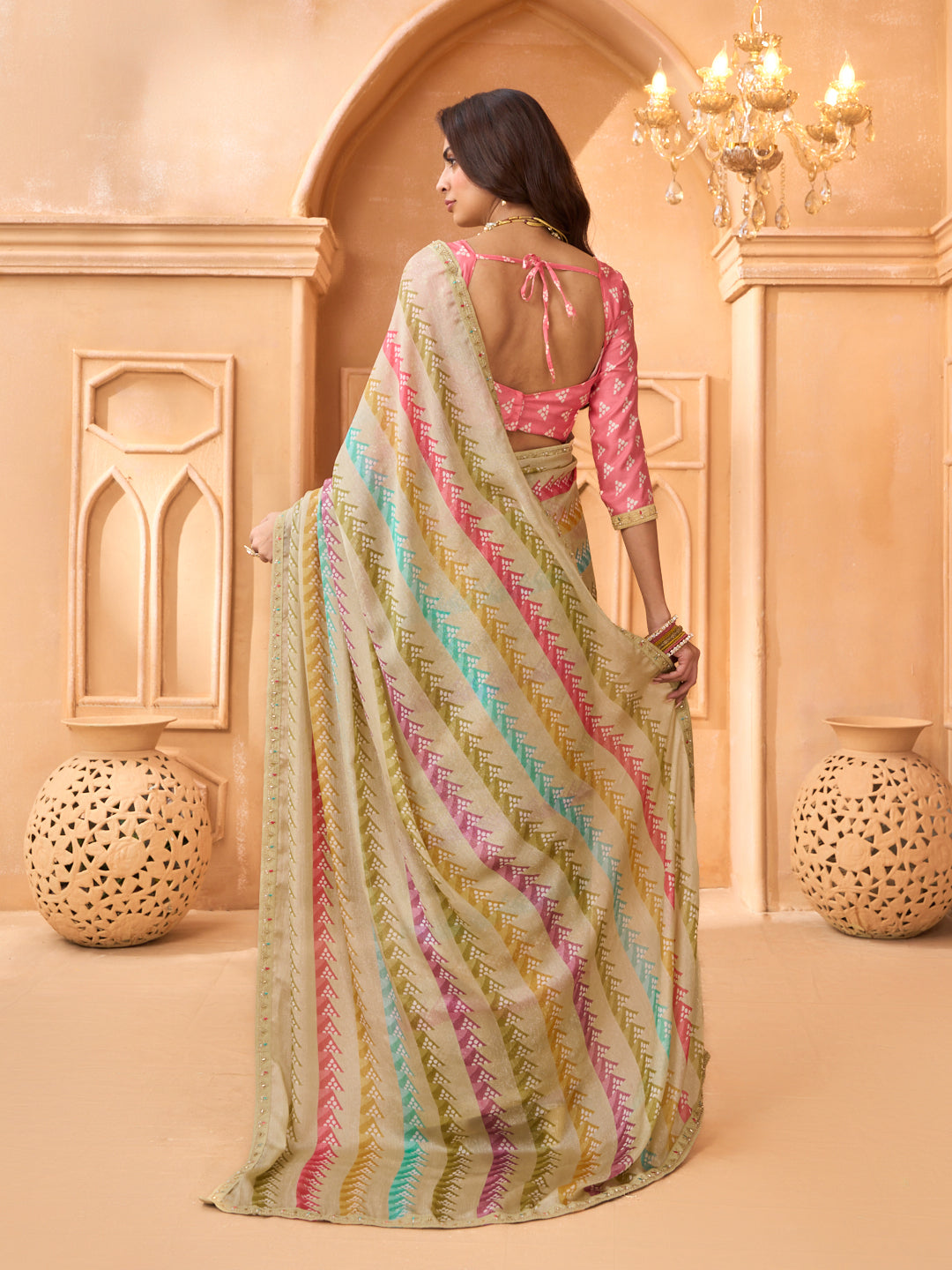 Laxmipati Tohfa Striped Printed Silk Saree in Beige Color