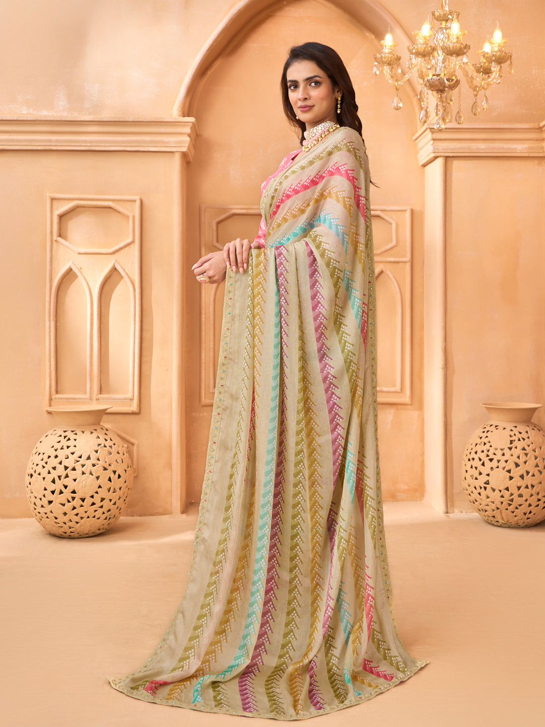 Laxmipati Tohfa Striped Printed Silk Saree in Beige Color