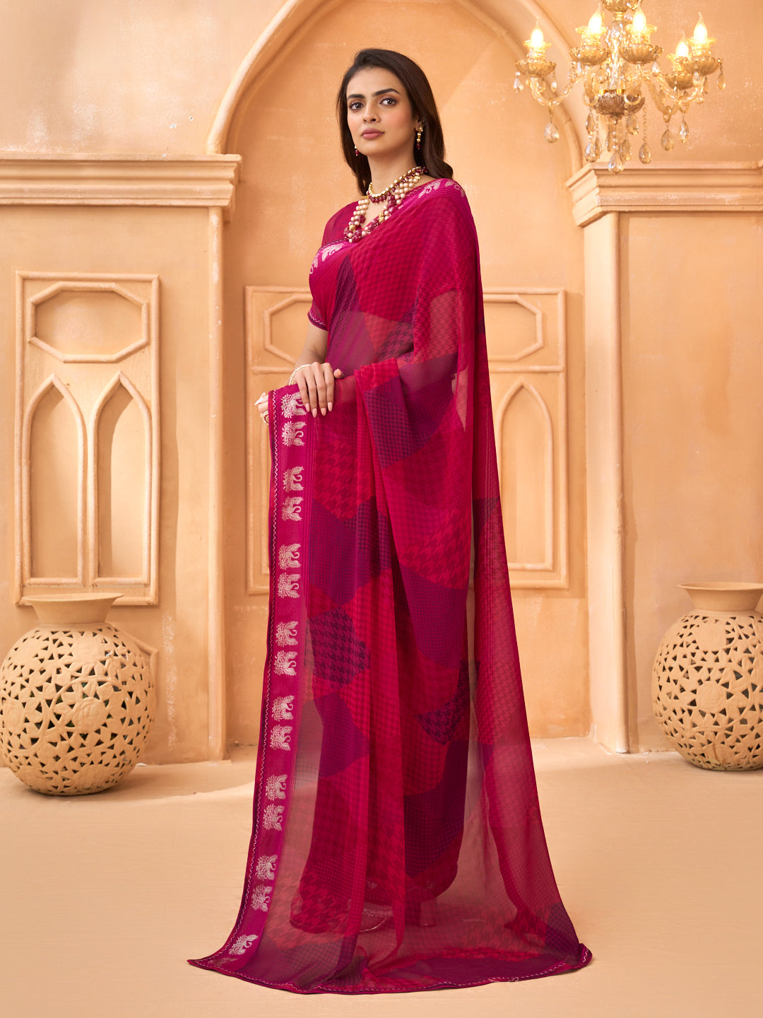 Laxmipati Tohfa Abstract Printed Georgette Saree in Pink Color