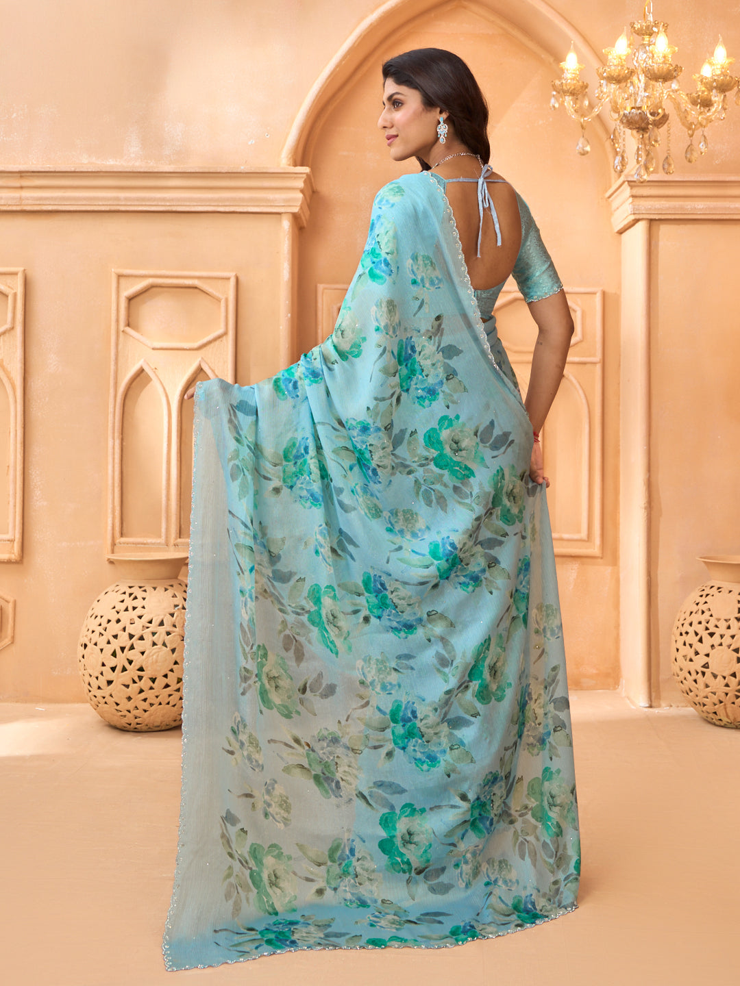 Laxmipati Tohfa Floral Printed Silk Saree in Blue Color