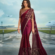 Laxmipati Raadhika Wine Geometric Print Chiffon Saree