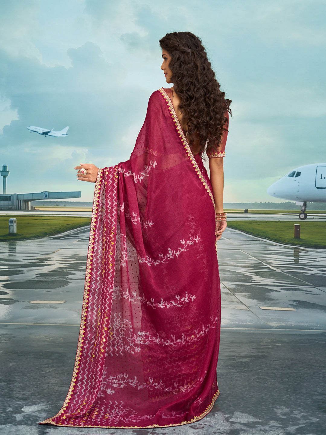 Laxmipati Raadhika Wine Chevron Print Chiffon Saree