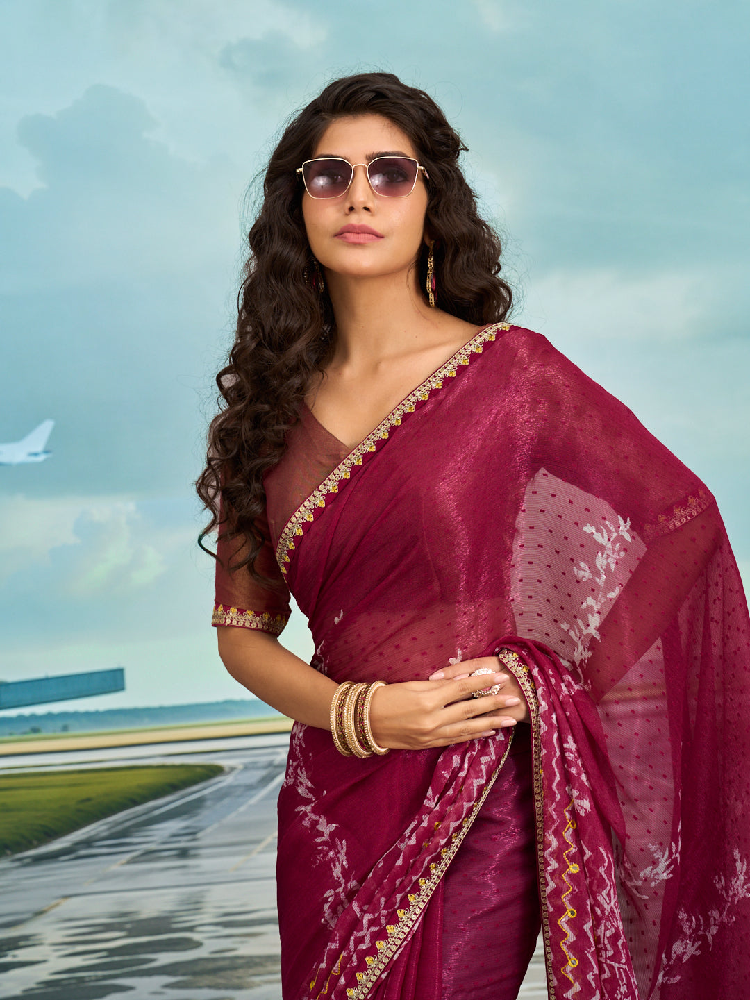Laxmipati Raadhika Wine Chevron Print Chiffon Saree