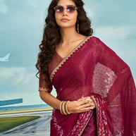 Laxmipati Raadhika Wine Chevron Print Chiffon Saree