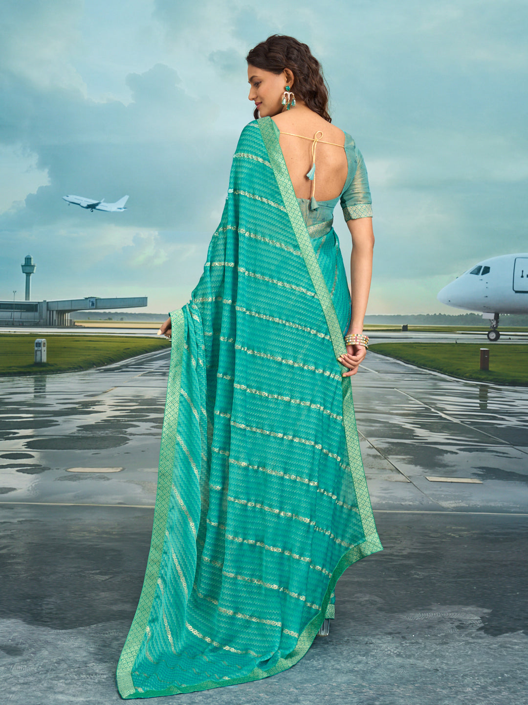 Laxmipati Raadhika Turquoise Blue Chevron Print Silk Saree