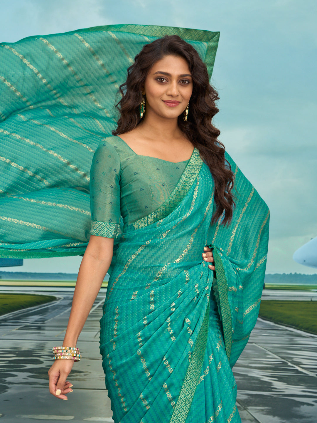 Laxmipati Raadhika Turquoise Blue Chevron Print Silk Saree