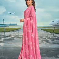 Laxmipati Raadhika Purple Floral Print Chiffon Saree