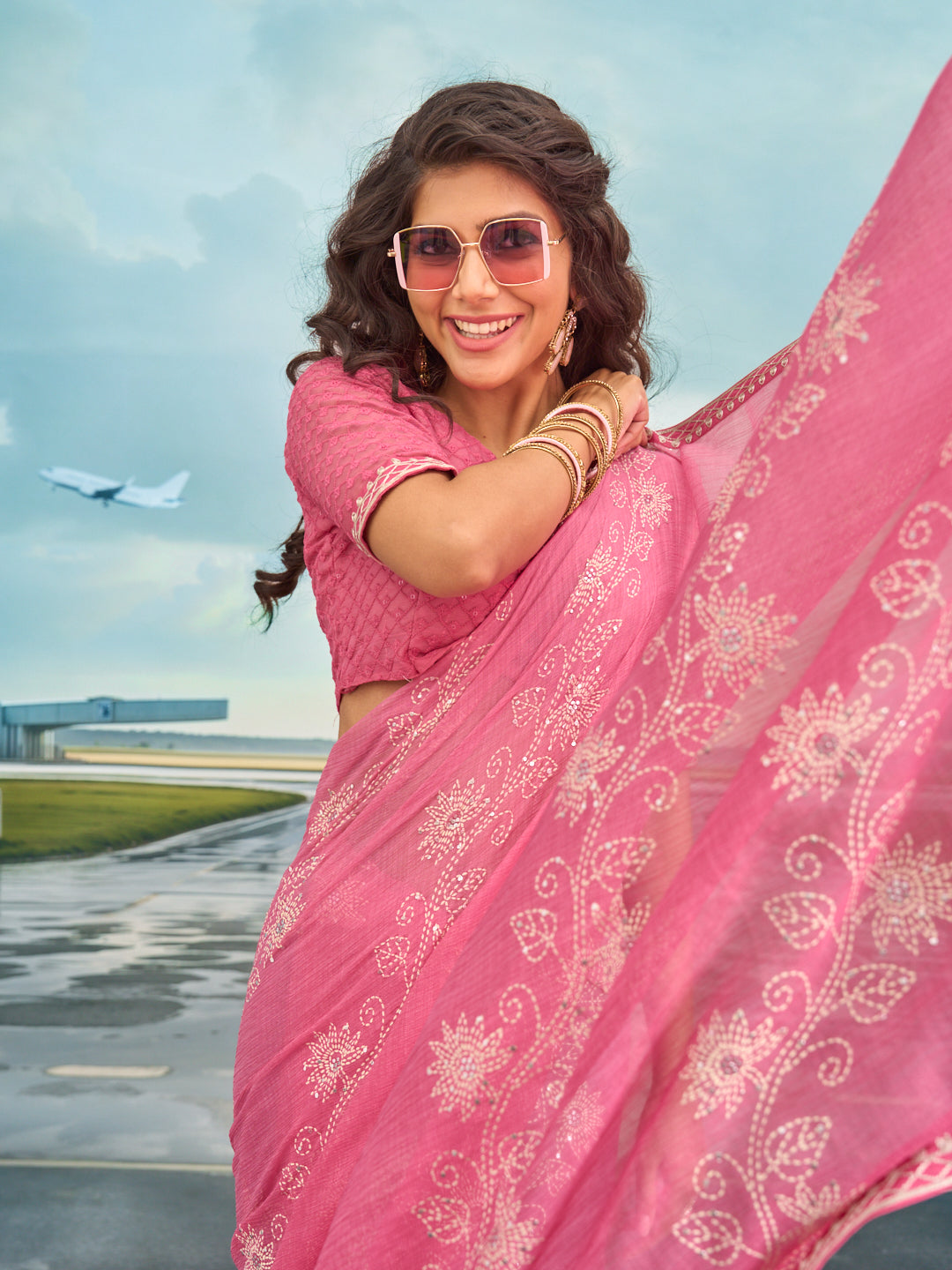 Laxmipati Raadhika Purple Floral Print Chiffon Saree