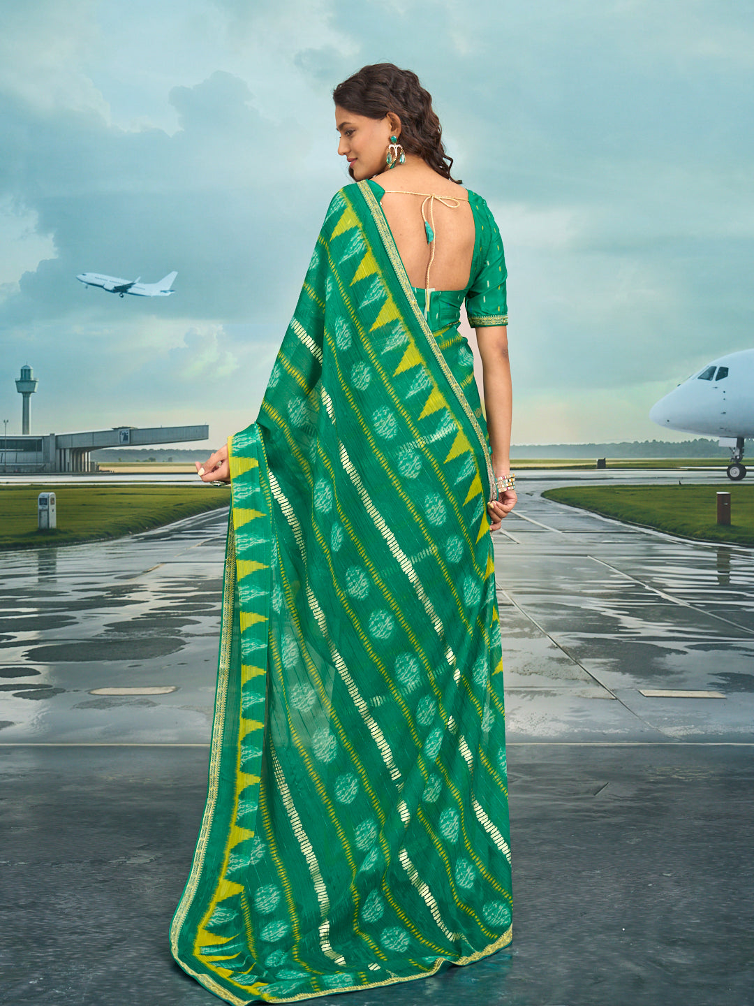 Laxmipati Raadhika Green Chevron Print Chiffon Saree