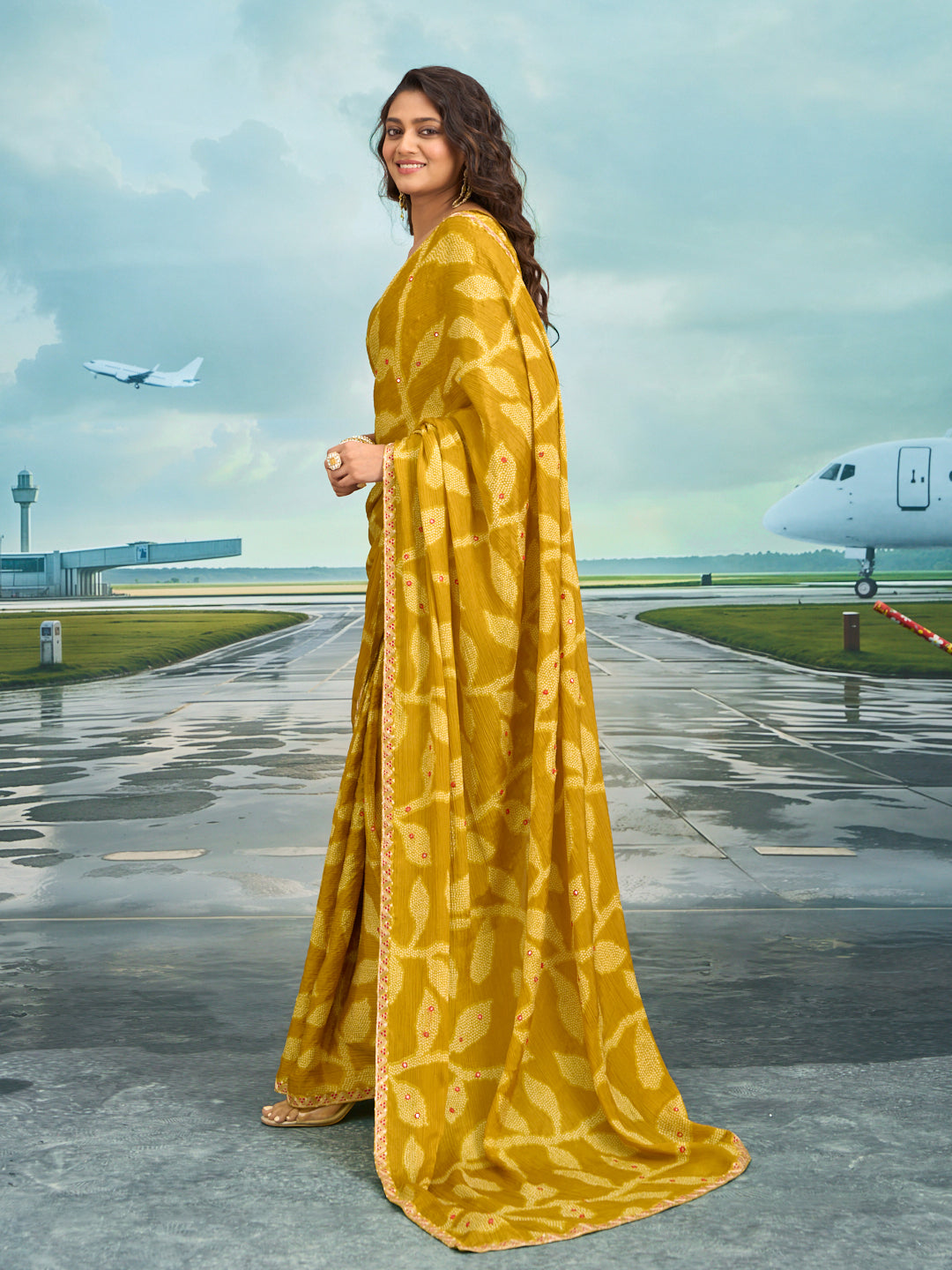 Laxmipati Raadhika Mustard Floral Print Silk Saree