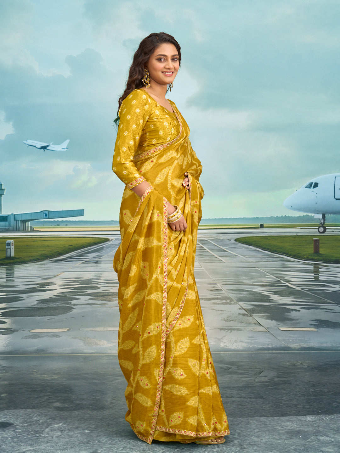 Laxmipati Raadhika Mustard Floral Print Silk Saree