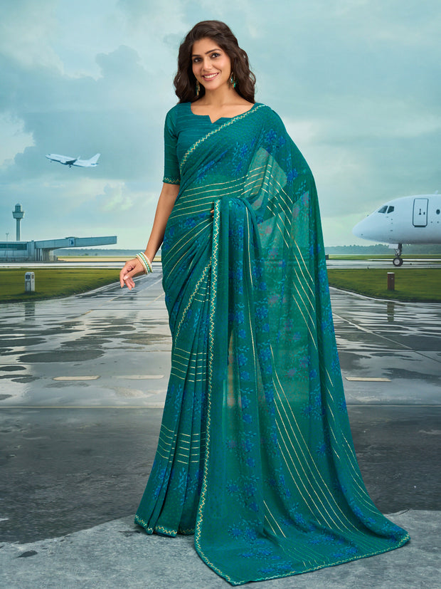 Laxmipati Raadhika Teal Blue Floral Print Georgette Saree