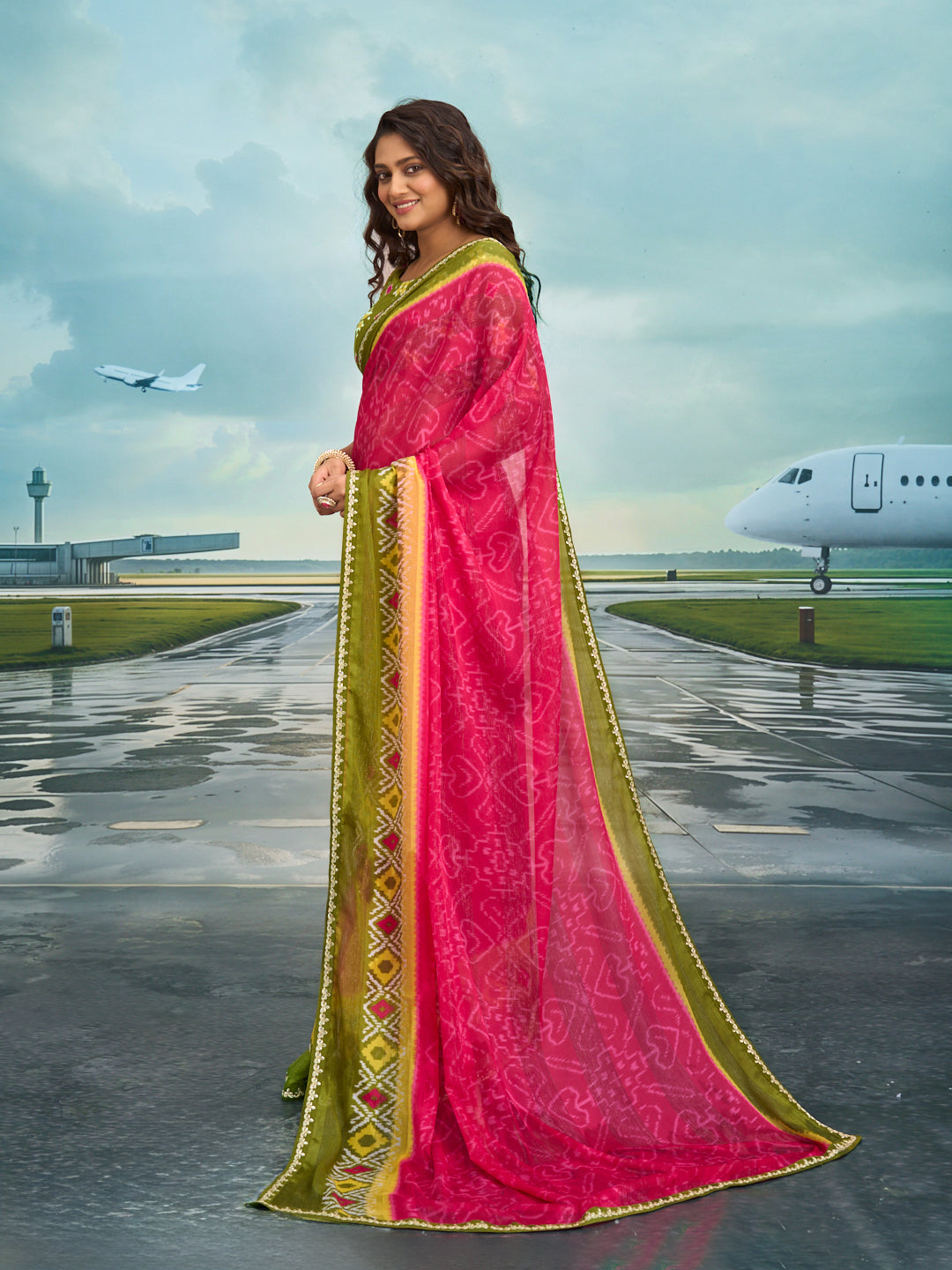 Laxmipati Raadhika Pink Ikat Print Chiffon Saree