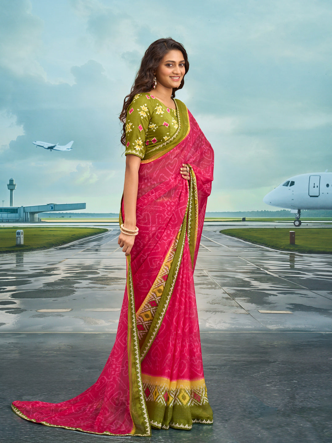 Laxmipati Raadhika Pink Ikat Print Chiffon Saree