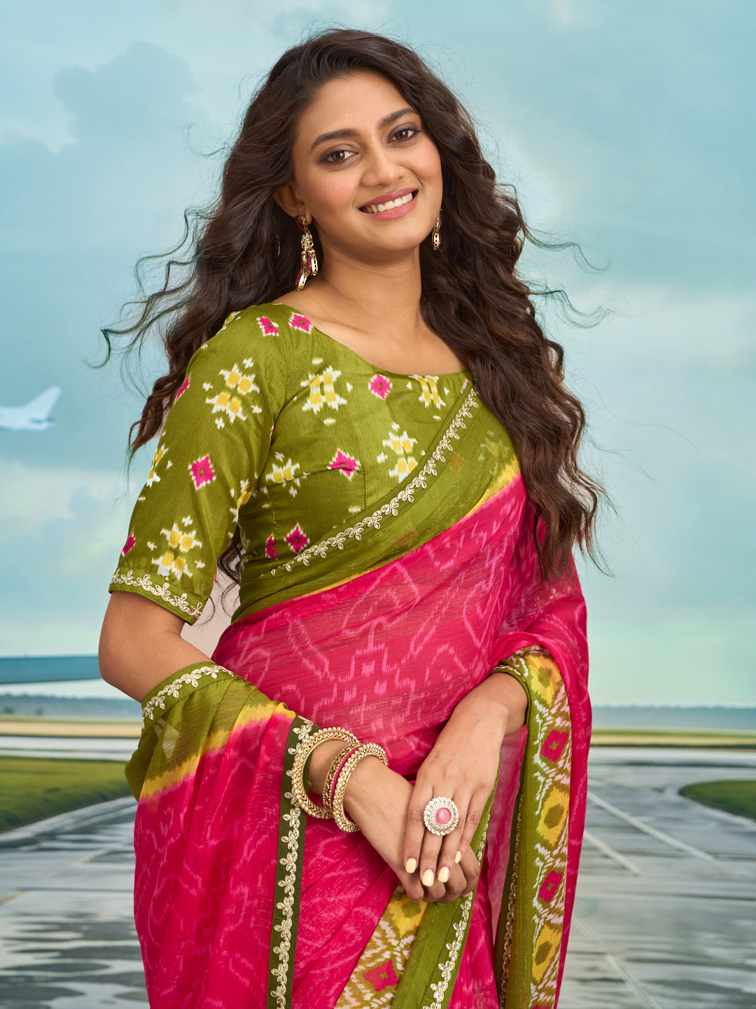 Laxmipati Raadhika Pink Ikat Print Chiffon Saree