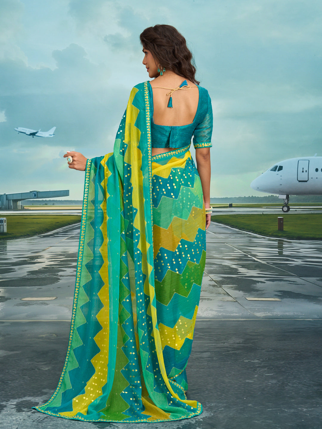 Laxmipati Raadhika Multicolor Chevron Print Chiffon Saree