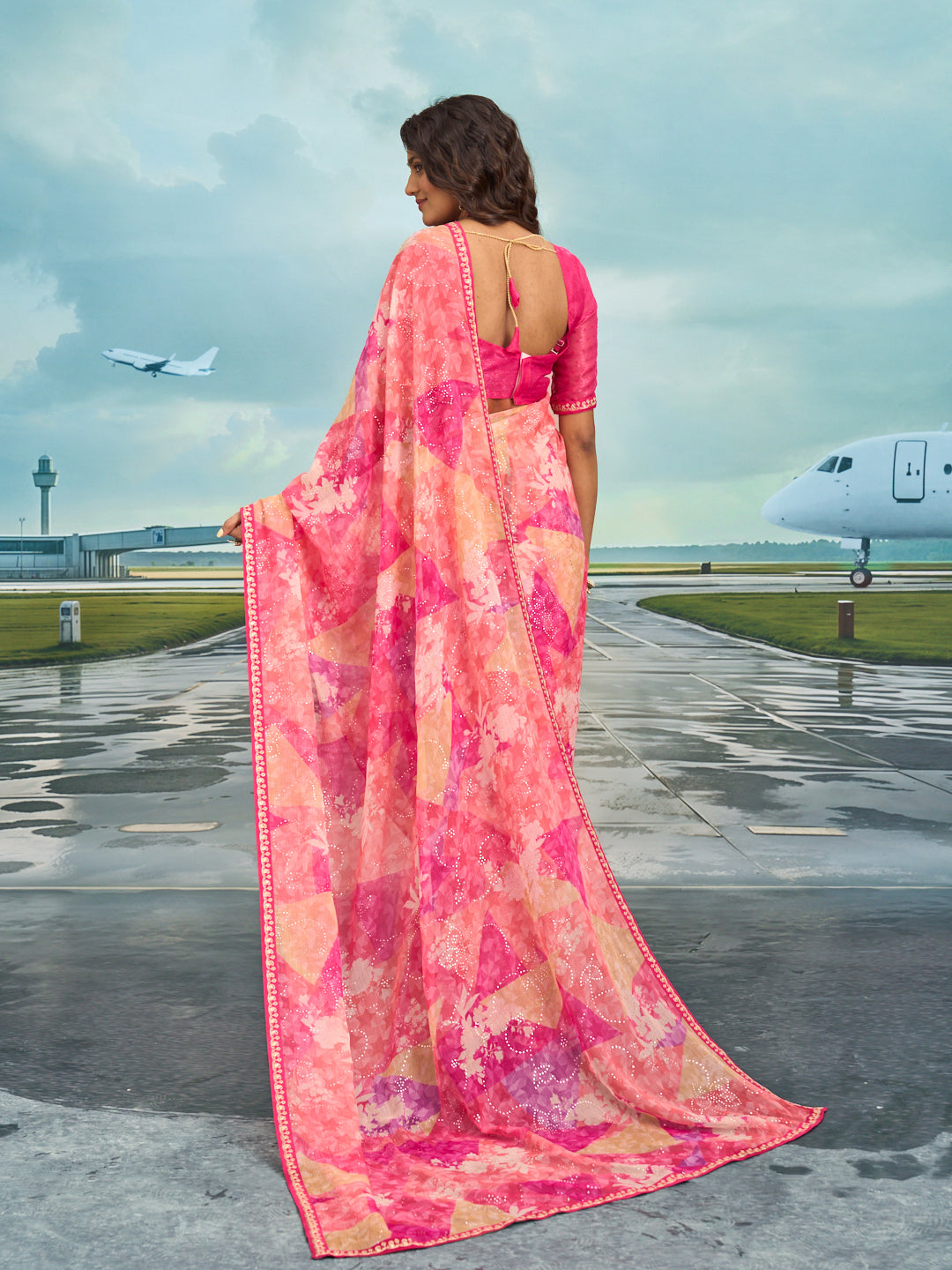 Laxmipati Raadhika Pink Abstract Print Chiffon Saree