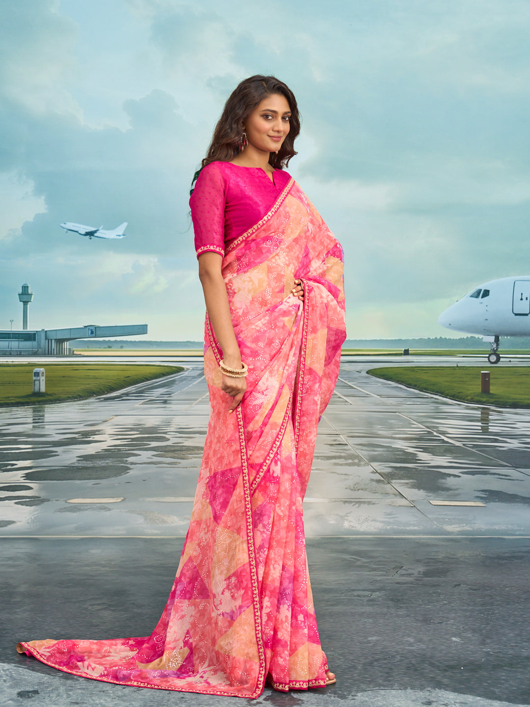 Laxmipati Raadhika Pink Abstract Print Chiffon Saree