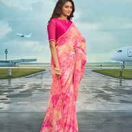 Laxmipati Raadhika Pink Abstract Print Chiffon Saree