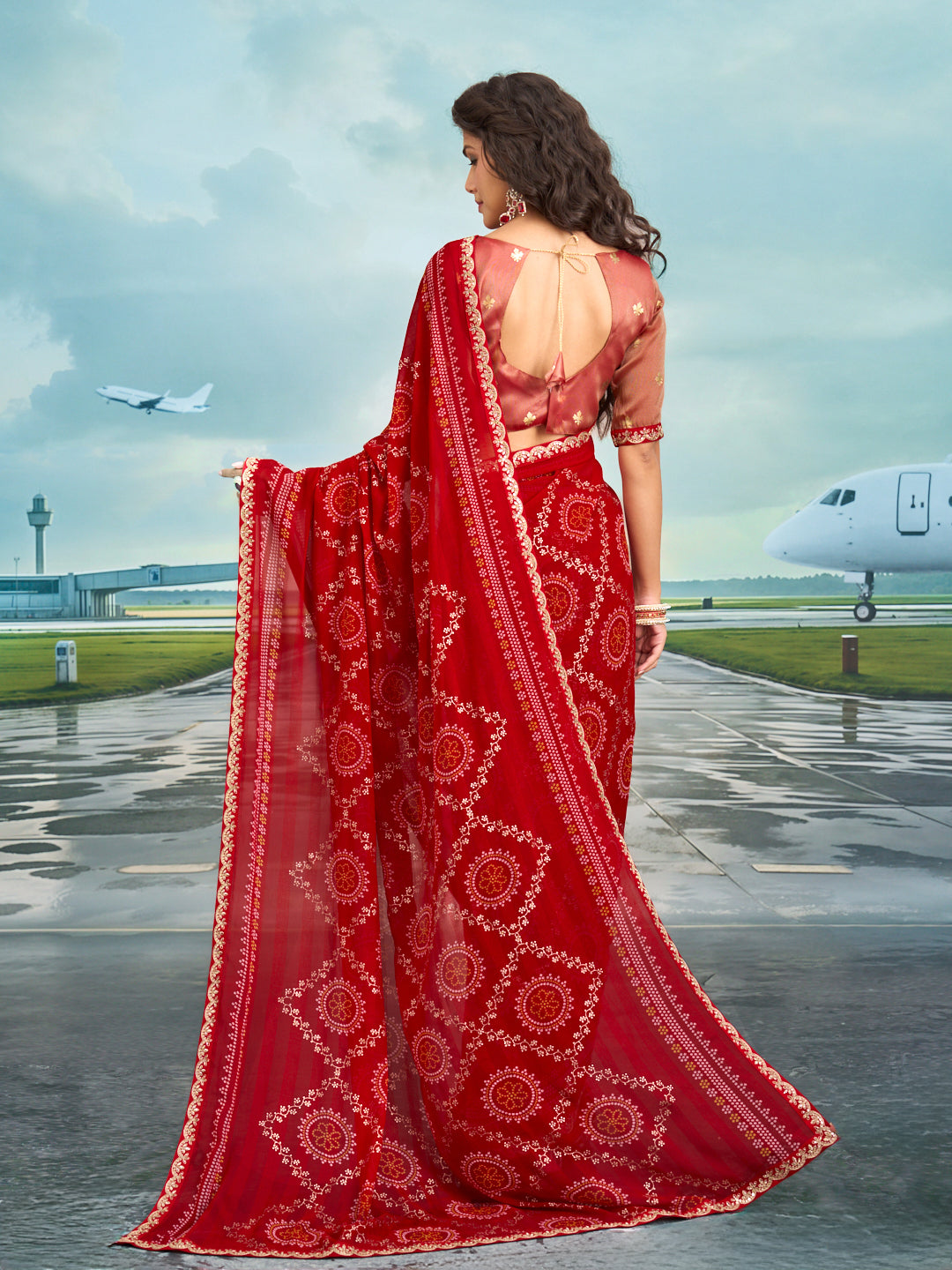 Laxmipati Raadhika Red Bandhani Print Chiffon Saree