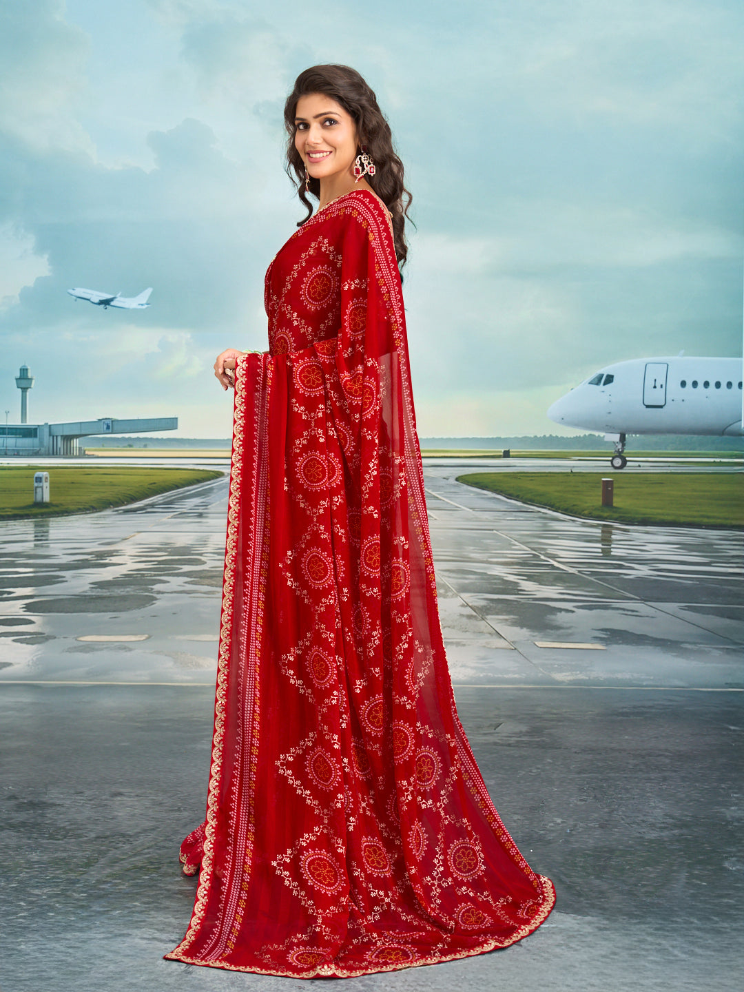 Laxmipati Raadhika Red Bandhani Print Chiffon Saree