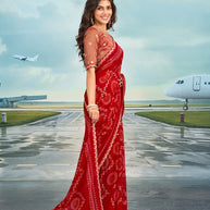Laxmipati Raadhika Red Bandhani Print Chiffon Saree