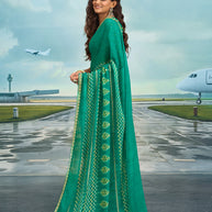 Laxmipati Raadhika Teal Green Chevron Print Chiffon Saree