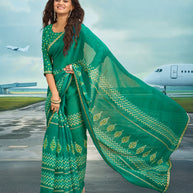Laxmipati Raadhika Teal Green Chevron Print Chiffon Saree