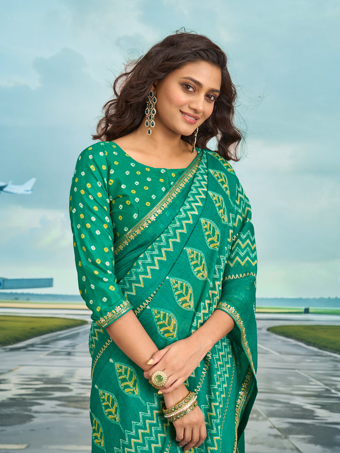 Laxmipati Raadhika Teal Green Chevron Print Chiffon Saree