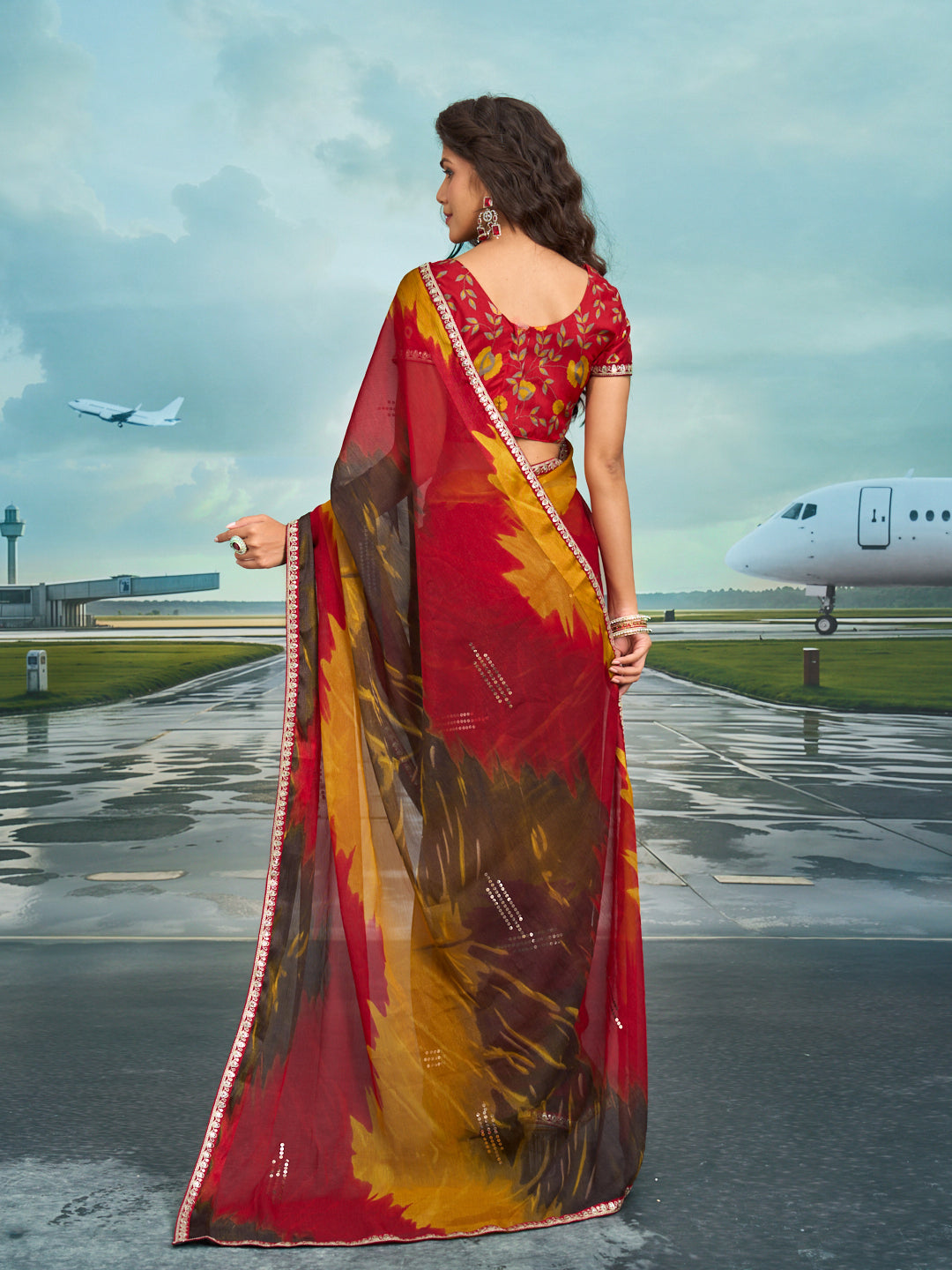 Laxmipati Raadhika Multicolor Abstract Print Chiffon Saree