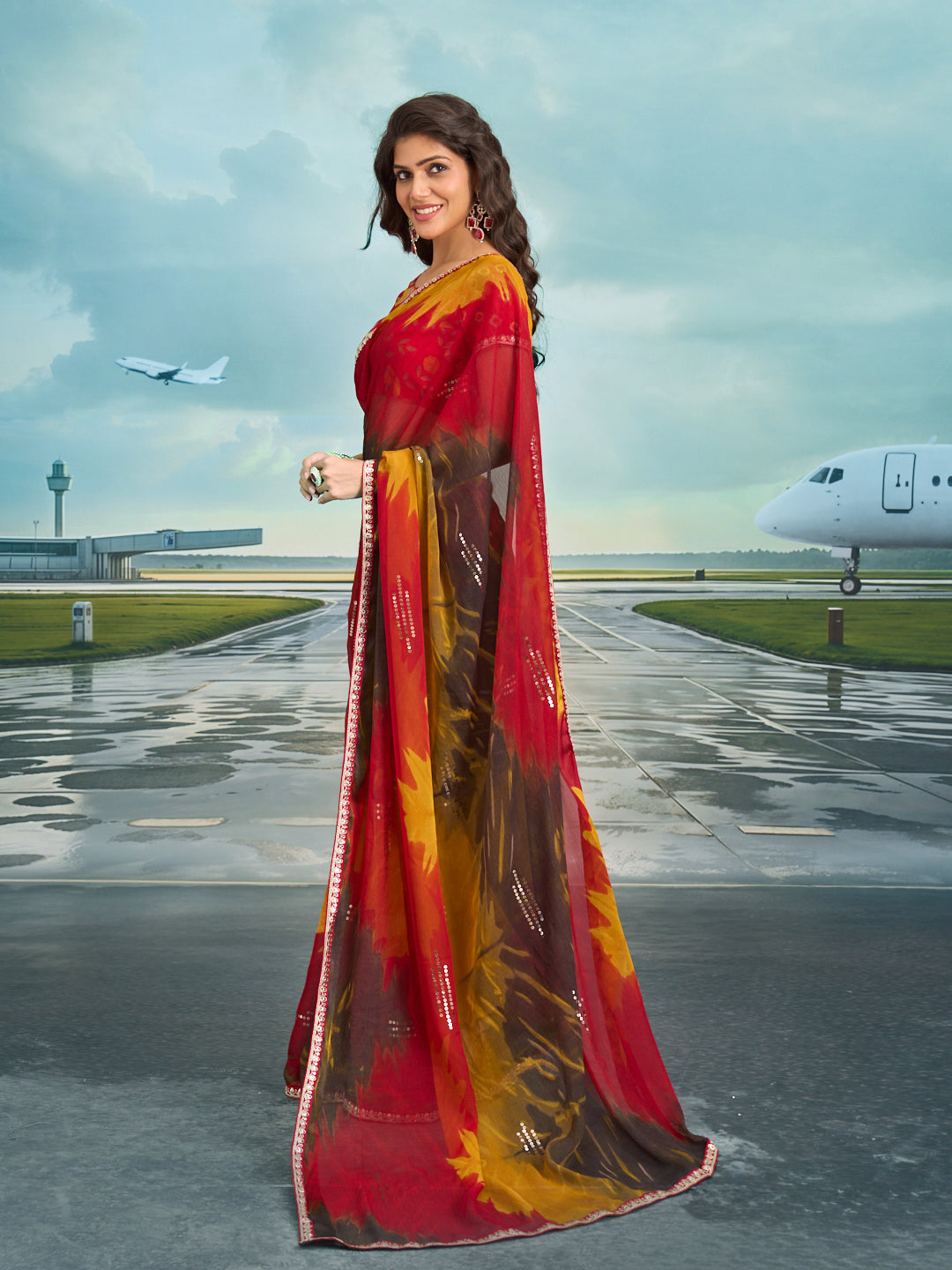 Laxmipati Raadhika Multicolor Abstract Print Chiffon Saree