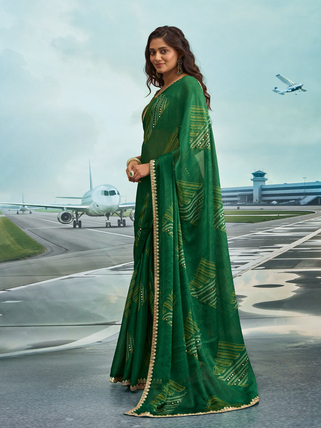 Laxmipati Raadhika Green Geometric Print Chiffon Saree