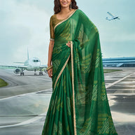 Laxmipati Raadhika Green Geometric Print Chiffon Saree