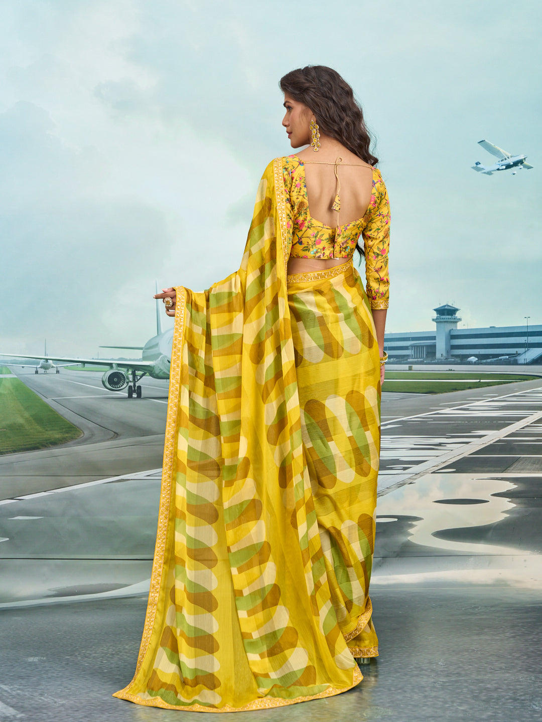 Laxmipati Raadhika Yellow Abstract Geometric Print Chiffon Saree