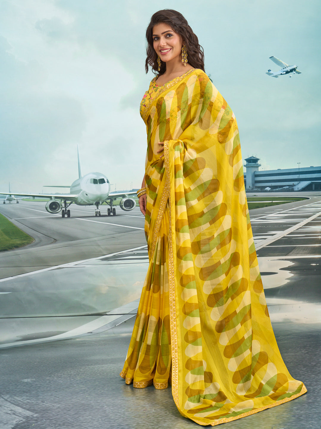 Laxmipati Raadhika Yellow Abstract Geometric Print Chiffon Saree