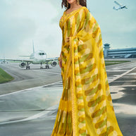 Laxmipati Raadhika Yellow Abstract Geometric Print Chiffon Saree