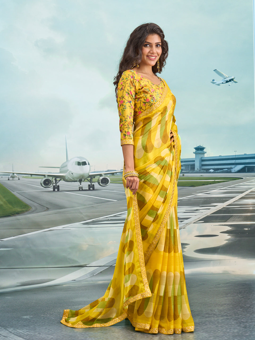 Laxmipati Raadhika Yellow Abstract Geometric Print Chiffon Saree