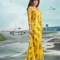 Laxmipati Raadhika Yellow Abstract Geometric Print Chiffon Saree