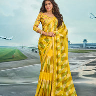 Laxmipati Raadhika Yellow Abstract Geometric Print Chiffon Saree