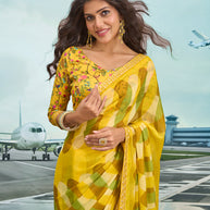 Laxmipati Raadhika Yellow Abstract Geometric Print Chiffon Saree