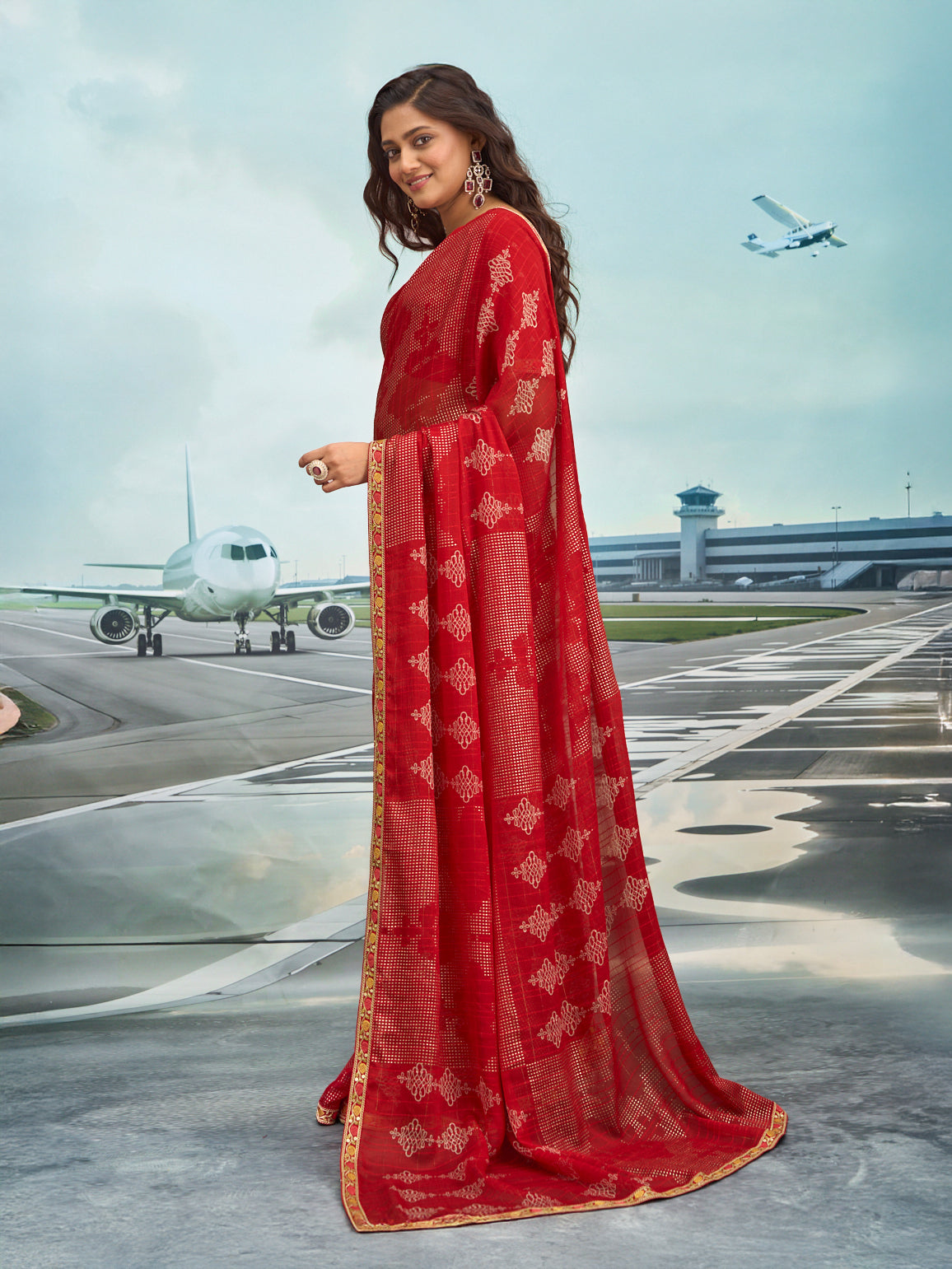 Laxmipati Raadhika Red Floral Print Silk Saree