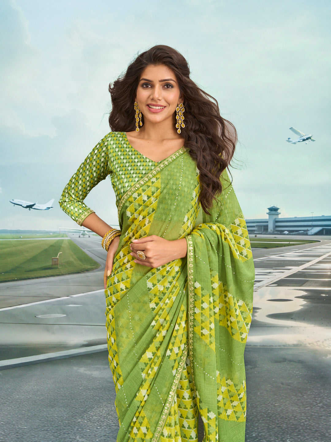Laxmipati Raadhika Green Geometric Print Chiffon Saree