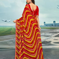 Laxmipati Raadhika Red Diagonal Wavy Striped Print Chiffon Saree