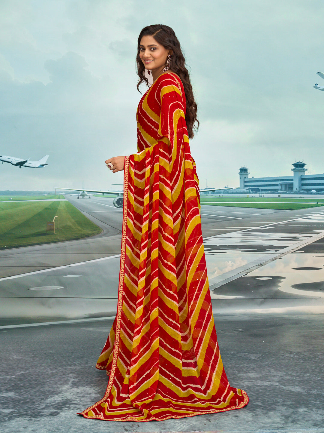 Laxmipati Raadhika Red Diagonal Wavy Striped Print Chiffon Saree