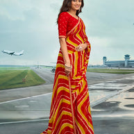 Laxmipati Raadhika Red Diagonal Wavy Striped Print Chiffon Saree
